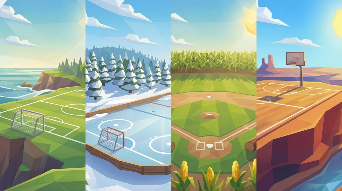 Low-poly illustration of four sport fields — soccer, hockey, baseball, and basketball — set in vivid landscapes